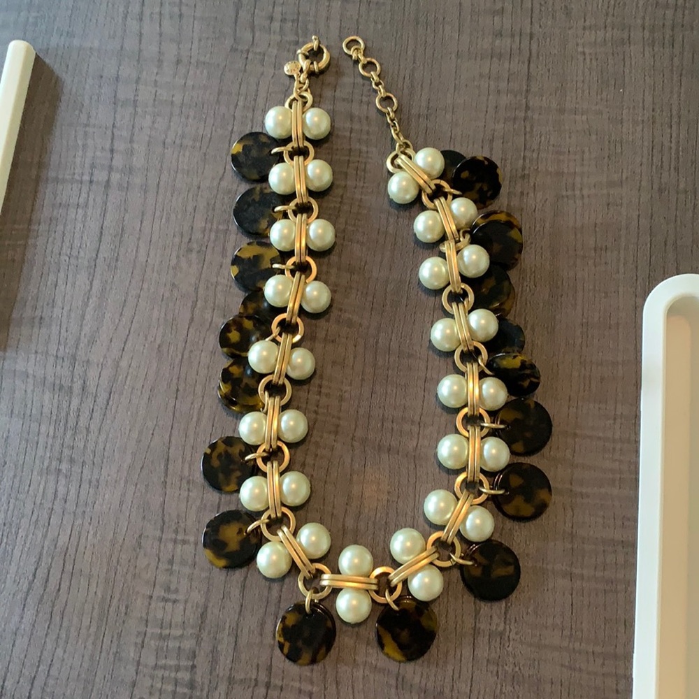 J Crew Pearl & Tortoise Gold Chain Statement Necklace